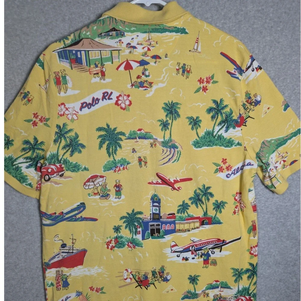 Polo Ralph Lauren Polo Shirt Mens Large Yellow Hawaiian Aloha Bear Preppy Resort